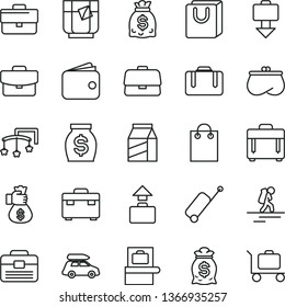 thin line vector icon set - briefcase vector, toys over the cot, portfolio, suitcase, case, bag with handles, package, a glass of tea, wallet, purse, money, dollars, hand, car baggage, backpacker