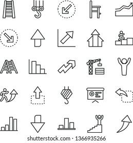 thin line vector icon set - upward direction vector, downward, growth up, chart, positive histogram, a chair for feeding, tower crane, hook, winch, stepladder, ladder, left bottom arrow, move, right