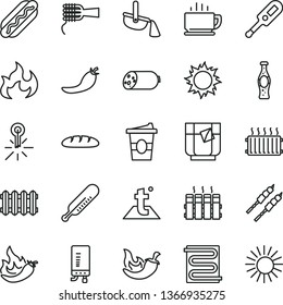 thin line vector icon set - electronic thermometer vector e, mercury, heating coil, temperature, radiator, new, boiler, coffee, sausage, loaf, Hot Dog, noodles, barbecue, chili, coffe to go, flame
