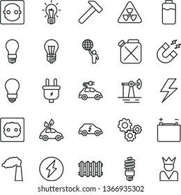 thin line vector icon set - lightning vector, bulb, power socket type f, new radiator, hammer, charge level, working oil derrick, manufacture, accumulator, light, plug, canister, energy saving, king