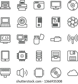thin line vector icon set - floppy disk vector, laptop, archive, CD, screen, volume, computer, tablet pc, notebook, fan, tower, motherboard, cpu, web camera, printer, usb flash, browser, coding