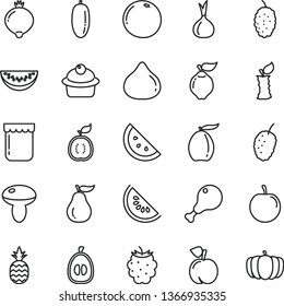 thin line vector icon set - mushroom vector, muffin, chicken leg, jam, a pineapple, orange slice, peach, quince, fig, medlar, blackberry, mulberry, tasty, of water melon, loquat, date fruit, half