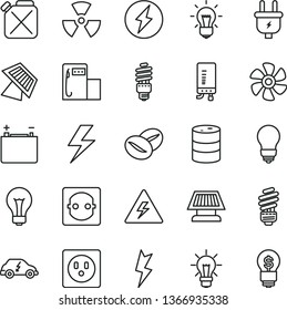 thin line vector icon set - lightning vector, danger of electricity, matte light bulb, saving, electronic boiler, coffee beans, marine propeller, modern gas station, barrel, accumulator, plug, idea