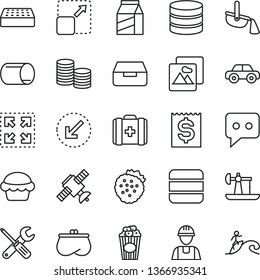 thin line vector icon set - medical bag vector, motor vehicle, builder, small tools, brick, left bottom arrow, picture, drawer, package, expand, size, cake, cup of popcorn, strawberries, oil derrick