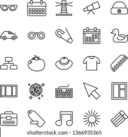 thin line vector icon set - calendar vector, keyboard, hat, remove label, open pin, rubber duck, comb, warm, window, frame, portfolio, flowchart, T shirt, tomato, retro car, lighthouse, note, cursor