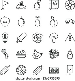 thin line vector icon set - warning vector, pennant, lettuce in a plate, cucumber, glass of tea, apple, squash, tasty, rose hip, passion fruit, half, sour lime, slice lemon, pineapple, part guava
