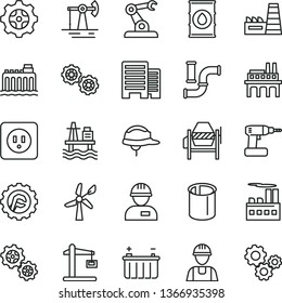thin line vector icon set - builder vector, workman, gears, concrete mixer, cordless drill, power socket type b, buildings, helmet, star gear, sea port, working oil derrick, wind energy, water pipes