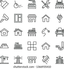 thin line vector icon set - house vector, crane, dwelling, hook, concrete mixer, window, small tools, paint roller, siphon, tile, putty knife, spatula, paving slab, core, home, kiosk, factory, hotel