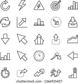 thin line vector icon set - lightning vector, danger of electricity, downward direction, left, growth up, renewal, clockwise, chart, timer, put in a box, move, right, bottom arrow, bar, crisis, man