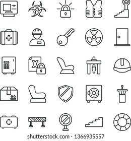 thin line vector icon set - prohibition vector, Baby chair, car child seat, bag of a paramedic, medical, workman, key, ntrance door, construction helmet, road fence, strongbox, cardboard box, winner
