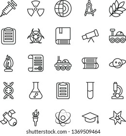 thin line vector icon set - vector e, books, square academic hat, research article, flask, test tube, microscope, telescope, atom, nuclear, dna, satellite, biohazard, flame, clipboard, earth core