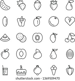 thin line vector icon set - broken heart vector, torte, peper, a glass of soda, cone, biscuit, orange, cherry, half apricot, grape, pear, red apple, raspberry, strawberry, medlar, melon, mango