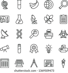 thin line vector icon set - bananas vector, printer, flask, test tube, microscope, telescope, zoom, dna, bulb, biohazard, globe, oscilloscope, clipboard, calculator, drawing compass, earth core