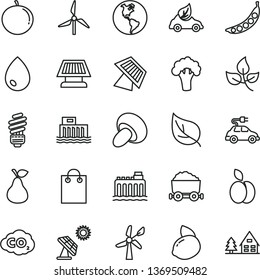 thin line vector icon set - saving light bulb vector, drop, porcini, apple, pear, tangerine, yellow lemon, peas, broccoli, big solar panel, leaves, leaf, windmill, wind energy, planet Earth, eco car