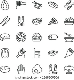 thin line vector icon set - plates and spoons vector, a chair for feeding, plastic fork, iron, sausage, stick of, cheese, pizza, piece, burger, spaghetti, noodles, lettuce in plate, bacon, chop, egg