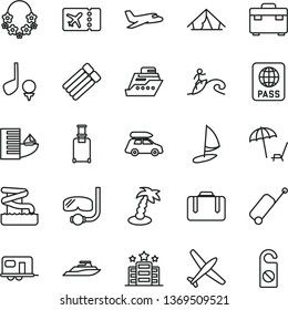 thin line vector icon set - suitcase vector, passport, plane, car baggage, camper, rolling, ticket, case, hotel, tent, arnchair under umbrella, palm tree, hawaii wreath, aquapark, diving mask, golf