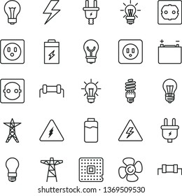 thin line vector icon set - lightning vector, danger of electricity, matte light bulb, power socket type b, f, fan screw, charge level, charging battery, accumulator, line, pole, plug, electric