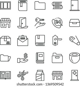 thin line vector icon set - book vector, open pin, e, books, window frame, door knob, ntrance, received letter, folder, drawer, cardboard box, 24, package, half of coconut, kiosk, stall, get a wage