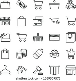 thin line vector icon set - paper bag vector, grocery basket, bank card, hammer of a judge, motor vehicle present, building trolley, cart, put in, with handles, cards, coins, hanger, label, stall