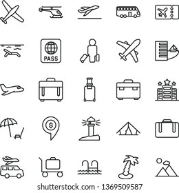 thin line vector icon set - suitcase vector, case, passport, coastal lighthouse, helicopter, dollar pin, plane, bus, passenger, rolling, ticket, departure, hotel, tent, beach, palm tree, pool