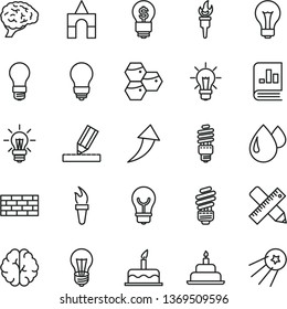 thin line vector icon set - matte light bulb vector, box of bricks, cake, birthday, brickwork, saving, writing accessories, drawing, honeycombs, drop, energy, book on statistics, brain, flame torch