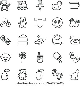 thin line vector icon set - baby powder vector, bib, Child T shirt, rubber duck, duckling, warm socks, toy mobile phone, children's potty, teddy bear, small, hairdo, train, yule, tricycle, lollipop