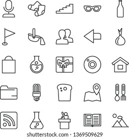 thin line vector icon set - camera vector, left direction, paper bag, women, folder, rss feed, pennant, Knitted Socks, iron fork spoons, dwelling, book, Easter cake, onion, round flask, Glass bottle