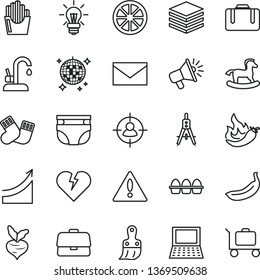 thin line vector icon set - warning vector, envelope, nappy, warm socks, small rocking horse, plastic brush, kitchen faucet, broken heart, pile, bundle of eggs, fried potato slices, juicy lemon