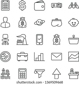 thin line vector icon set - upward direction vector, line chart, negative histogram, children's hairdo, suitcase, envelope, sea port, factory, shopping basket, water filter, woman, wallet, purse