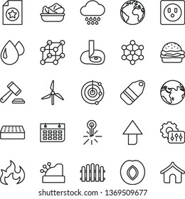 thin line vector icon set - sign of the planet vector, upward direction, hammer a judge, cloud, brick, hedge, label, burger, lettuce in plate, plum, windmill, socket, drop, mercury thermometer