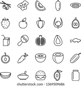 thin line vector icon set - beanbag vector, packing of juice with a straw, stick sausage, big burger, bowl rice porridge, plate, carrot, Chinese chopsticks, popcorn, small fish, half pomegranate