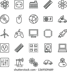 thin line vector icon set - monitor vector, power socket type f, CD, regulator, size, marine propeller, working oil derrick, windmill, hydroelectricity, gears, eco car, electric transport, mouse