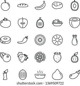 thin line vector icon set - loaf vector, cake with a hole, hot porridge, plate of fruit, piece meat, tomato, blueberries, branch grape, tasty apple, rose hip, fig, raspberry, melon, delicious plum