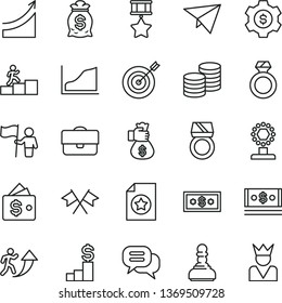 thin line vector icon set - coins vector, portfolio, cash, growth graph, cup, pawn, man arrow up, carrer stairway, hold flag, target, hero medal, star certificate, diamond ring, gold, money bag hand