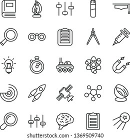 thin line vector icon set - magnet vector, test tube, molecule, atom, glasses, zoom, bulb, brain, settings, satellite, book, flame, graduate hat, clipboard, drawing compass, radar, antenna, rocket