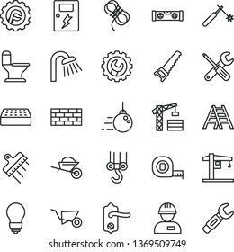 thin line vector icon set - crane vector, tower, workman, brickwork, winch hook, big core, garden trolley, building, small tools, hand saw, measuring tape, ladder, comfortable toilet, shower, bulb
