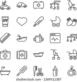 thin line vector icon set - heart symbol vector, first aid kit, toys over the cradle, cot, mug for feeding, measuring bottle, baby stroller, carriage, summer, sitting, electronic thermometer e, bath