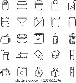 thin line vector icon set - mug for feeding vector, measuring cup, bottle, powder, baby, e, packing of juice with a straw, bucket, drawer, bag handles, unpacking, canned goods, popcorn, coffe to go