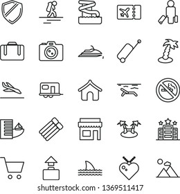 thin line vector icon set - camper vector, backpacker, passenger, suitcase, plane ticket, rolling case, baggage, arrival, hotel, boungalow, beach, palm tree, aquapark, camera, shield, store, cart
