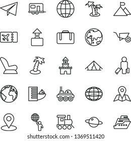 thin line vector icon set - sign of the planet vector, paper airplane, car child seat, baby toy train, building trolley, map, earth, geolocation, globe, lunar rover, man hold world, mountain flag