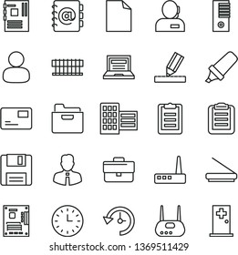 thin line vector icon set - laptop vector, briefcase, clean sheet of paper, city block, drawing, employee, folder, address book, pass card, man, text highlighter, dispatcher, wall watch, pc tower