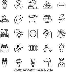 thin line vector icon set - lightning vector, hook, drill, new radiator, solar panel, coal mining, manufacture, factory, electric plug, power socket, industrial building, energy saving bulb, car