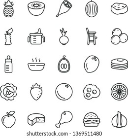 thin line vector icon set - measuring cup for feeding vector, bottle, a chair child, cheese, burger, hot porridge, chicken leg, grill, piece of meat, beet, omelette, pancakes, orange, squash, melon