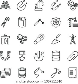 thin line vector icon set - clip vector, safety pin, tower crane, trowel, adjustable wrench, ladder, kitchen faucet, hammer with claw, coins, tin, barrel, power line, gear, magnet, pipes, welding