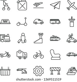 thin line vector icon set - truck lorry vector, paper airplane, Baby chair, sitting stroller, Kick scooter, traffic signal, delivery, battery, canister, environmentally friendly transport, retro car