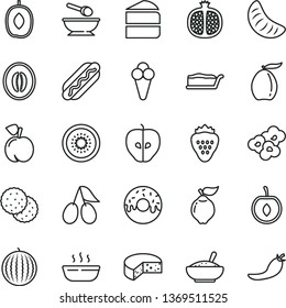 thin line vector icon set - deep plate with a spoon vector, cheese, Hot Dog, piece of cake, slice, glazed hole, bowl rice porridge, popcorn, cone, strawberry, biscuit, peach, half pomegranate, kiwi