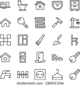thin line vector icon set - house vector, bedside table, a chair for feeding, dwelling, brick wall, building trowel, window, arm saw, sink, comfortable toilet, power socket type f, key, tile, hanger