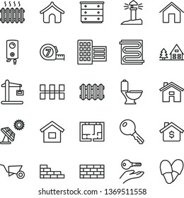 thin line vector icon set - house vector, chest of drawers, dwelling, brickwork, brick wall, building trolley, long meashuring tape, toilet, lay out flat, city block, ceramic tiles, heating coil
