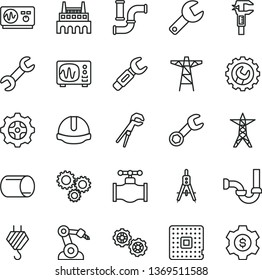 thin line vector icon set - repair key vector, hook, gears, adjustable wrench, sewerage, construction helmet, gear, valve, water pipes, power line, pole, industrial factory, processor, pipe, steel