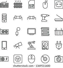 thin line vector icon set - camera vector, keyboard, drill, power socket type b, f, plummet, heating coil, smartphone, battery, plug, assembly robot, SIM, cast iron radiator, mouse, pc supply, tower